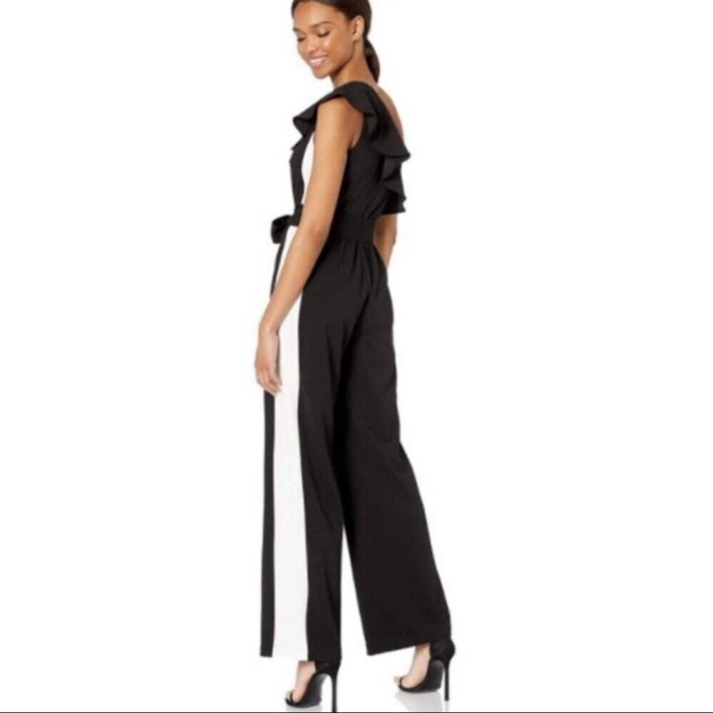 NWT Adrianna Papell One Shoulder Crepe Jumpsuit Black Ivory Stripe Size 4 - Picture 2 of 9